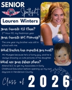 Senior Spotlight graphic for Lauren Winters, West Central Class of 2026. Lauren fondly remembers her freshman P.E. class and the special year she shared on campus with her brother. She credits Mr. Muegee for his humor and kindness. Lauren has big plans to
